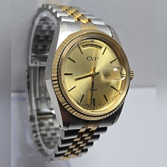 CVP Presidential Quartz Watch Men Two Tone Fluted Bezel Day Date New Battery - Picture 3 of 11